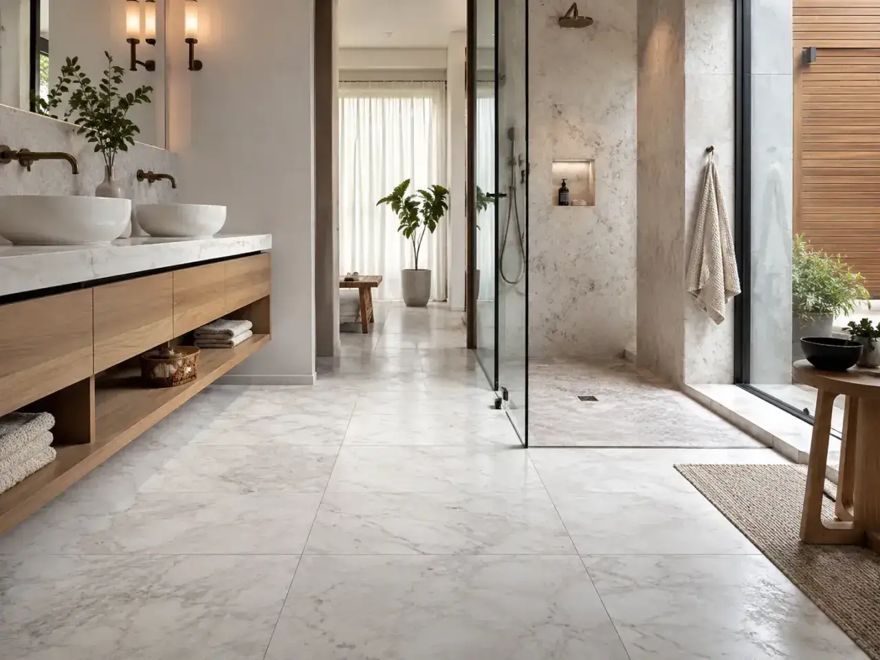 Elegante baño con zocalo casa de mármol, lavabos sobre encimera, ducha de cristal y detalles de madera.
