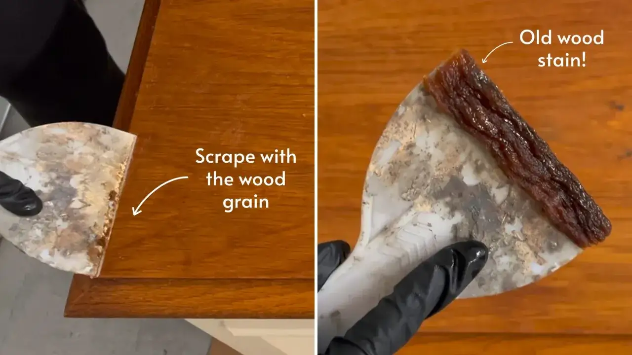 Raspando para quitar barniz madera, se desprende una capa gruesa de tinte viejo.