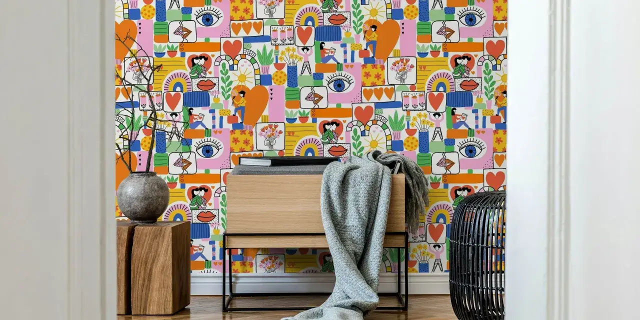 Colorido papel tapiz con ilustraciones de corazones, ojos y parejas. ¡Perfectas fotos para decorar paredes con un estilo vibrante y moderno!
