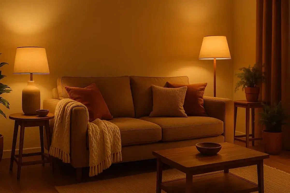 Un sal&oacute;n acogedor con sof&aacute;, cojines y mantas, iluminado por l&aacute;mparas de mesa y de pie. Una gu&iacute;a sobre como iluminar un salon para crear ambiente.