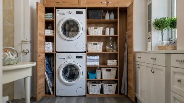 Lavaderos ideas: lavadora y secadora integradas en un armario de madera, con cestas de mimbre y toallas organizadas.